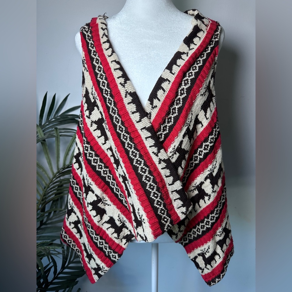 Women’s Mags & Pye Knit Open Front Cotton Holiday Lodge Knit Reindeers Vest OS